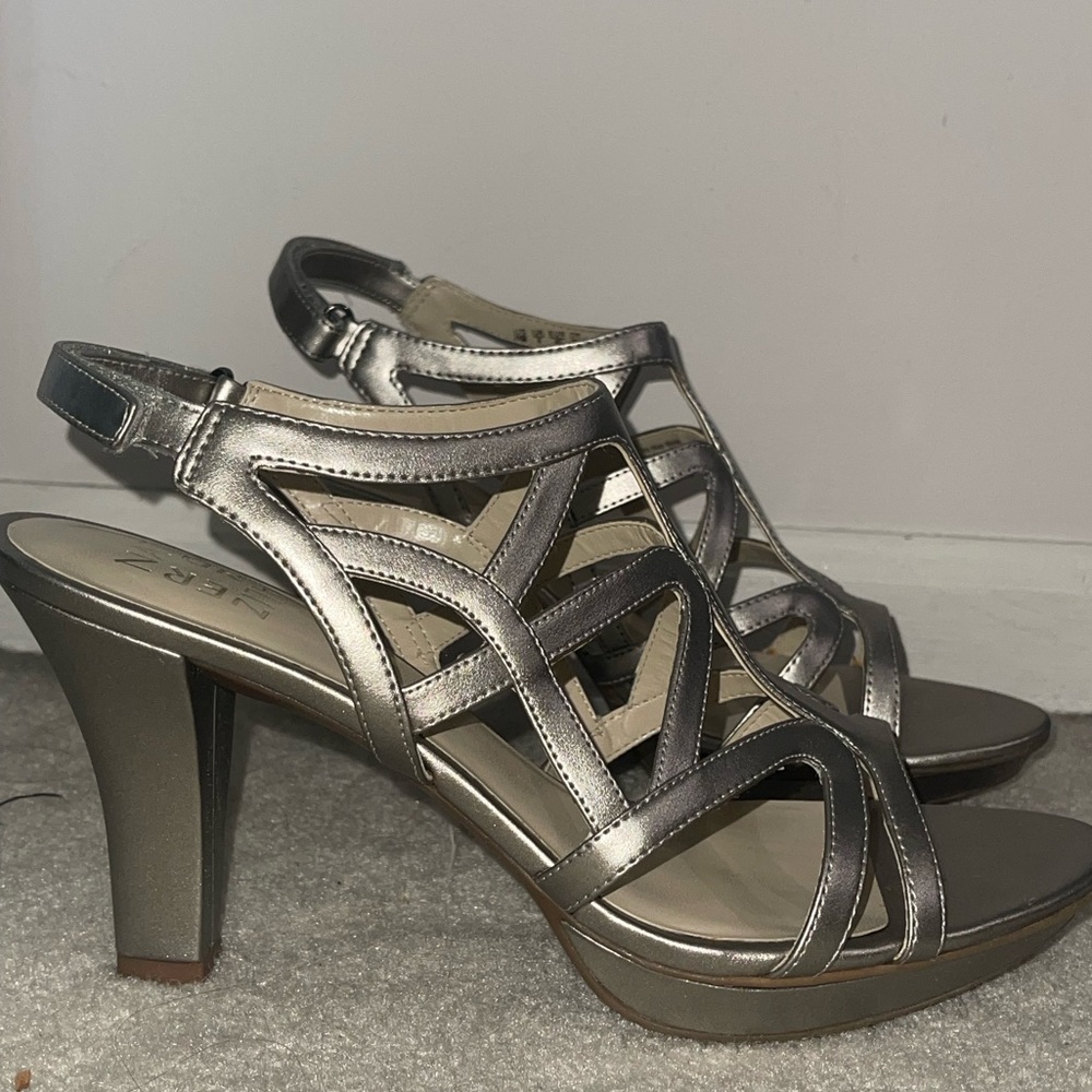 Naturalizer Metallic Silver Strappy High Heel Sandals